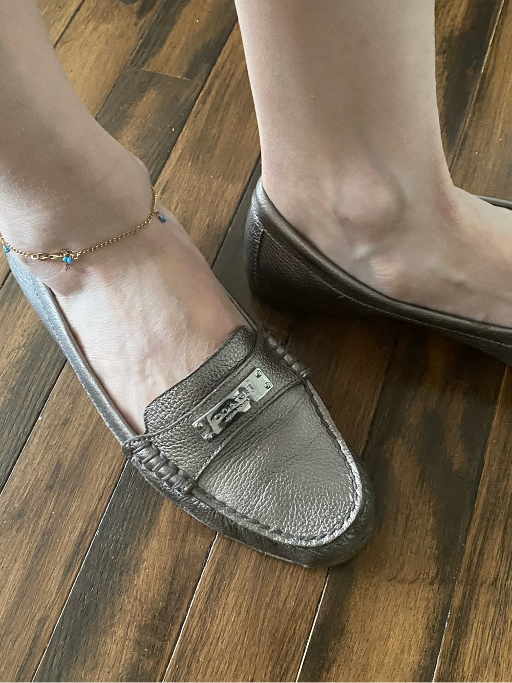 Coach Metallic Brown Leather Penny Loafers with Silver Hardware
